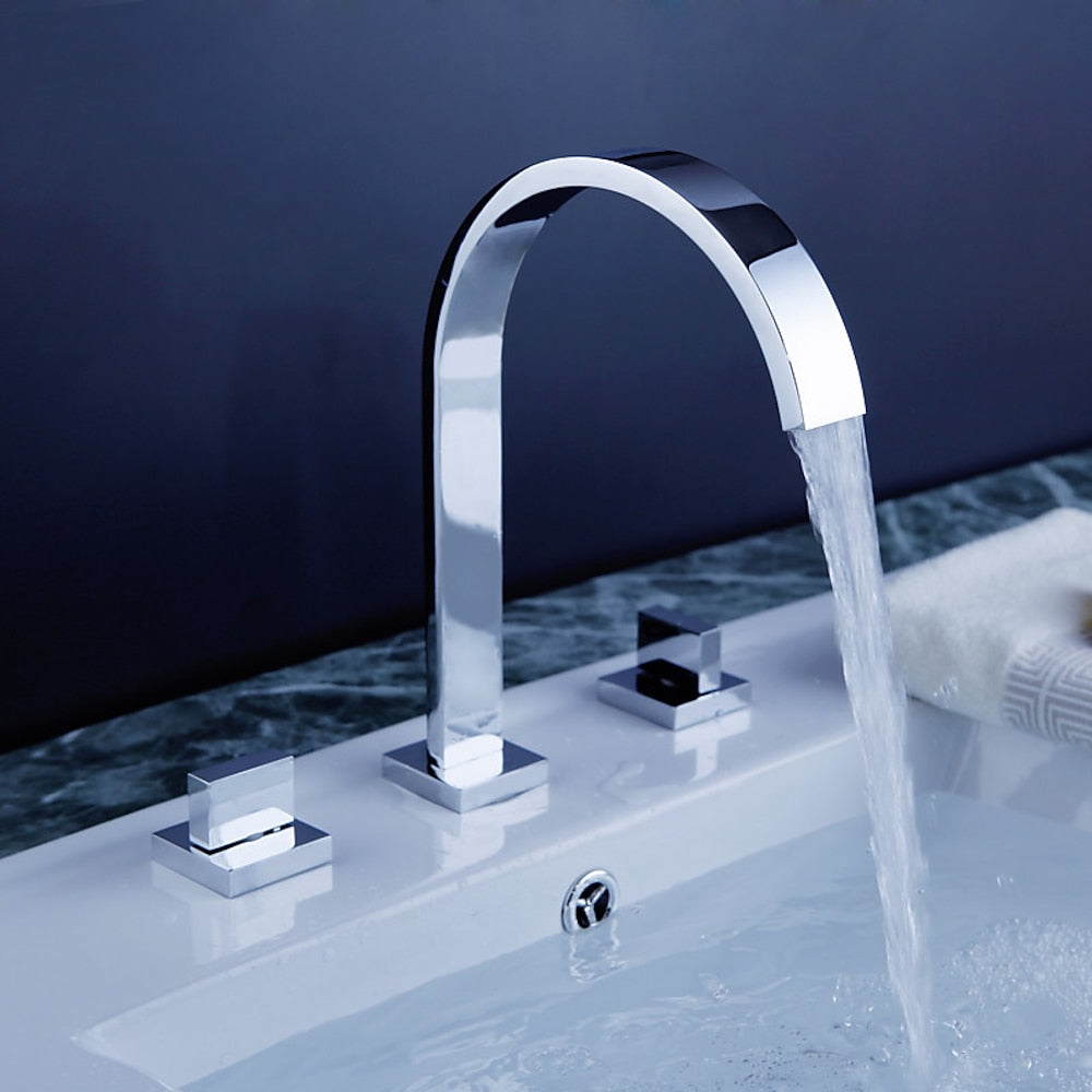 Chrome Waterfall Widespread Bathroom Faucet, Contemporary 3-Hole Double-Handle Faucet with High Arc Swivel Spout