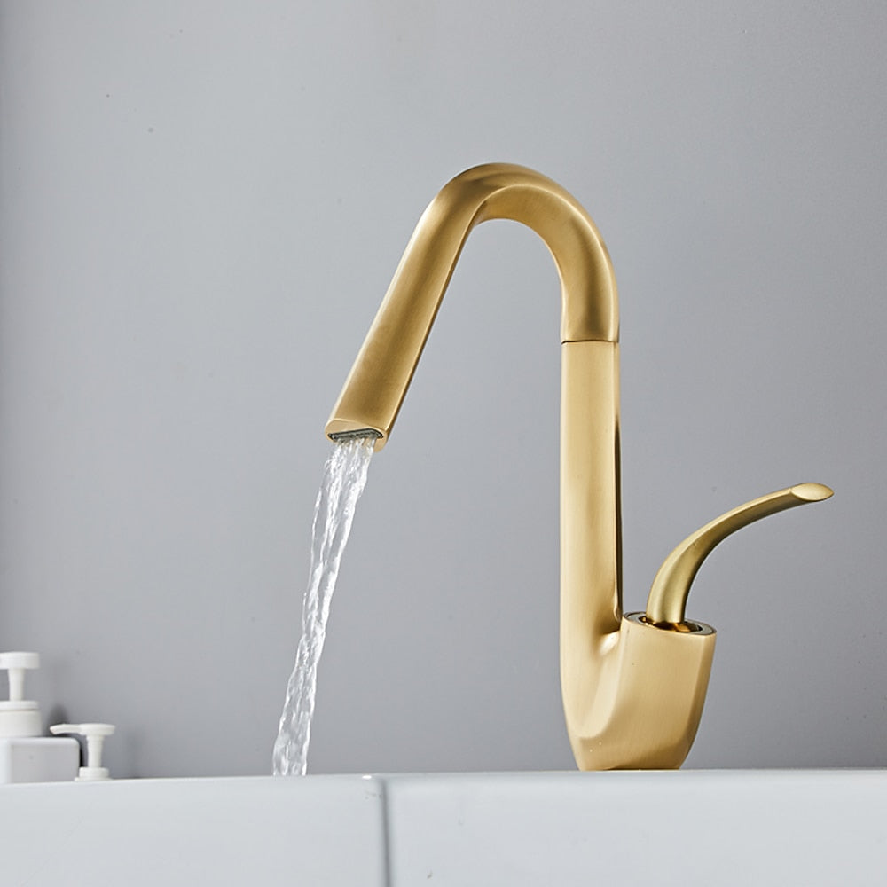 Modern Single-Hole Waterfall Bathroom Faucet, Single-Handle Swivel Spout Faucet, Matte Black / Brushed Gold / Chrome