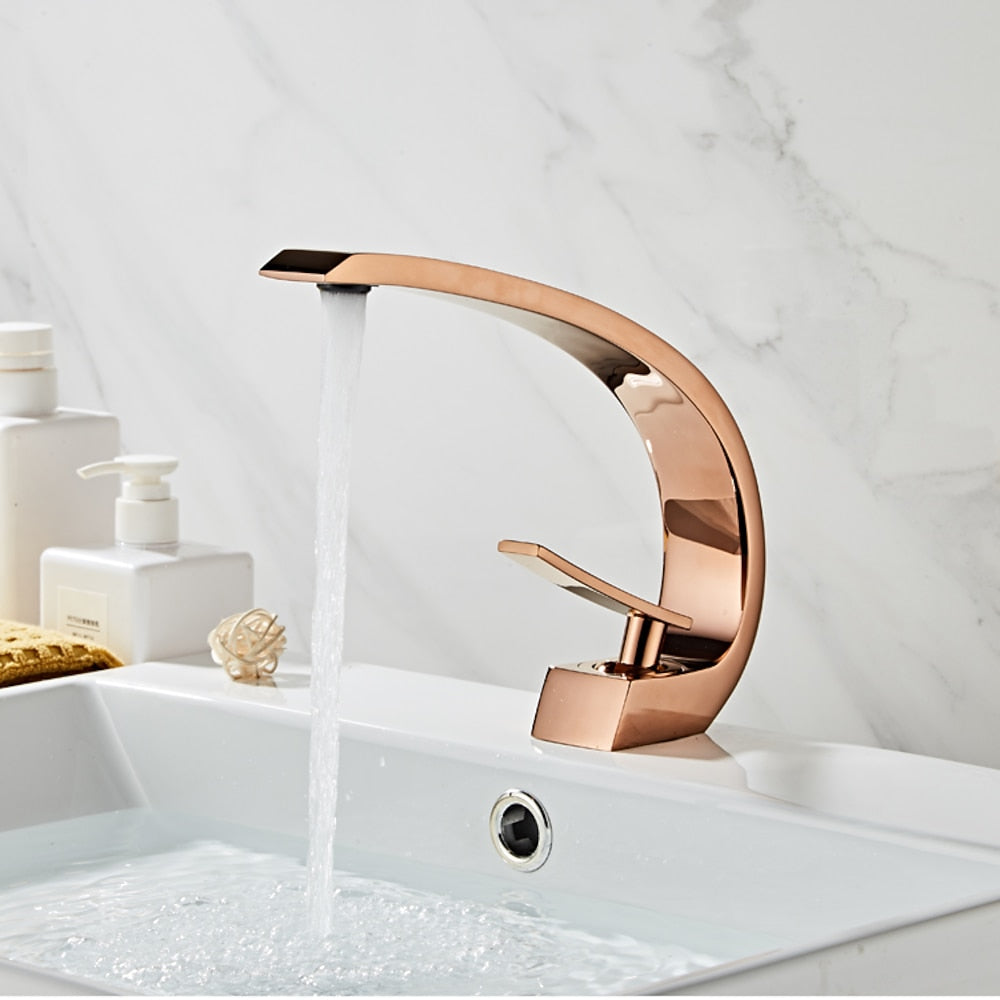 Modern Curved Rose Gold Bathroom Faucet, Single-Hole Single-Handle Faucet