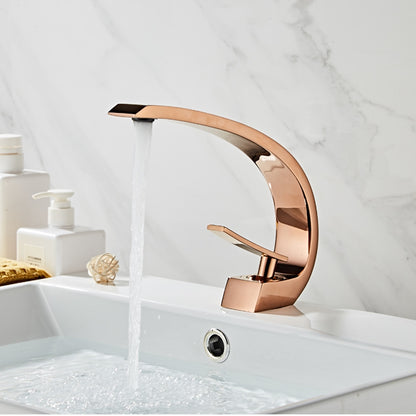 Modern Curved Rose Gold Bathroom Faucet, Single-Hole Single-Handle Faucet