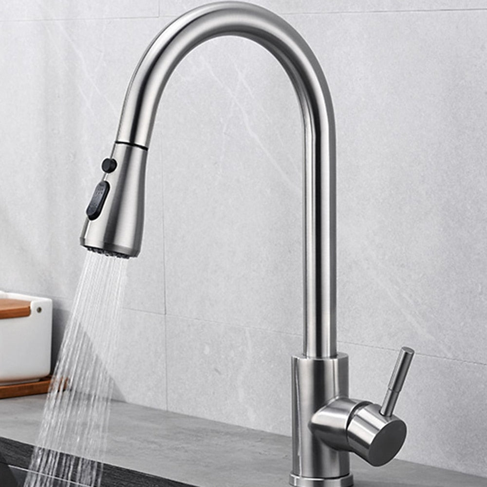 Pull-Down Stainless Steel Kitchen Faucet, Single-Handle 360-Degree Swivel Faucet, Brushed Nickel / Matte Black