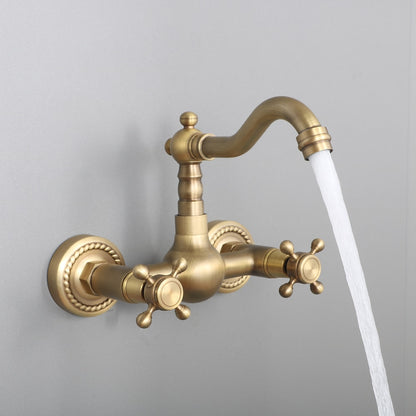 Retro Antique Brass Wall-Mount Bathroom Faucet, Double Cross Handle Swivel Spout Faucet