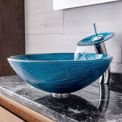 Blue Tempered Glass Round Vessel Sink with Chrome Waterfall Faucet, Single-Handle Bathroom Faucet Combo with Pop-Up Drain