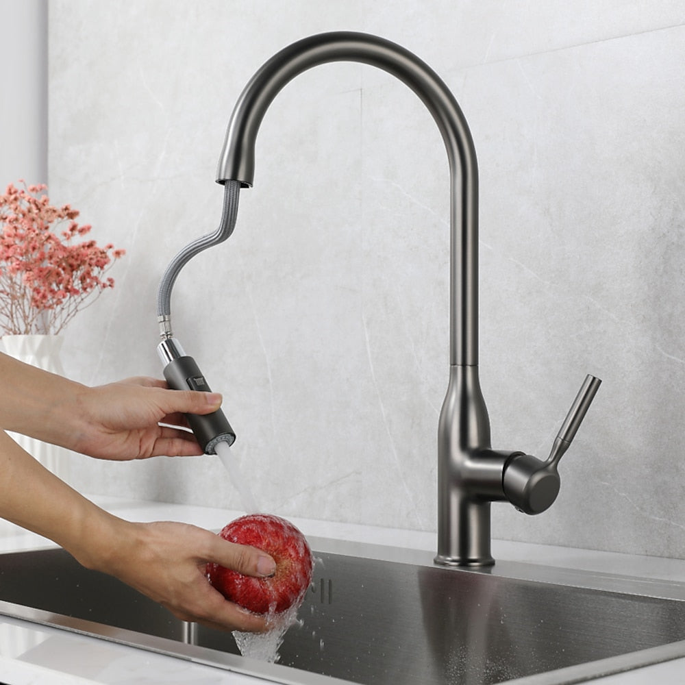 Pull-Down High Arc Kitchen Faucet, Single-Handle Brass Faucet, Matte Black / Brushed Nickel / Gunmetal / Chrome