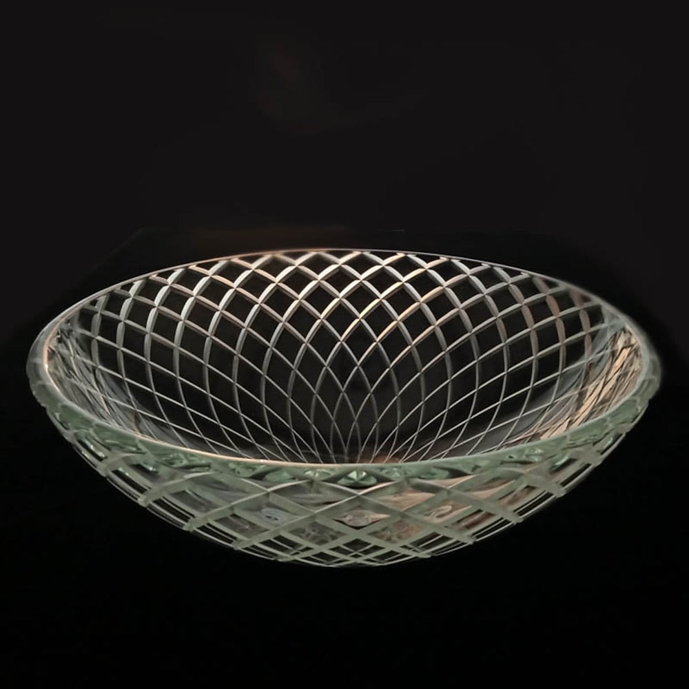 Contemporary Tempered Glass Vessel Bathroom Sink, Round Carved Vanity Basin with Pop-Up Drain / Mounting Ring