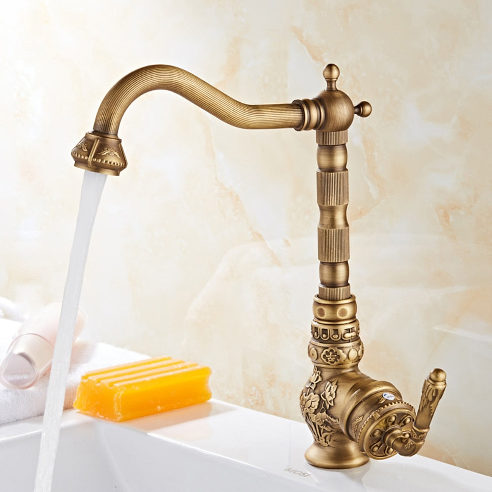 Antique Brass Traditional Single-Handle Kitchen Faucet, High Arc Swivel Spout Sink Faucet with Water Inlet Hoses