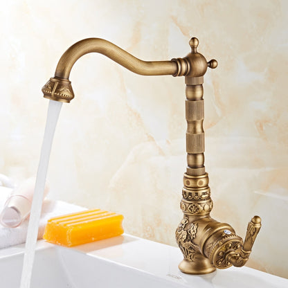 Antique Brass Traditional Single-Handle Kitchen Faucet, High Arc Swivel Spout Sink Faucet with Water Inlet Hoses