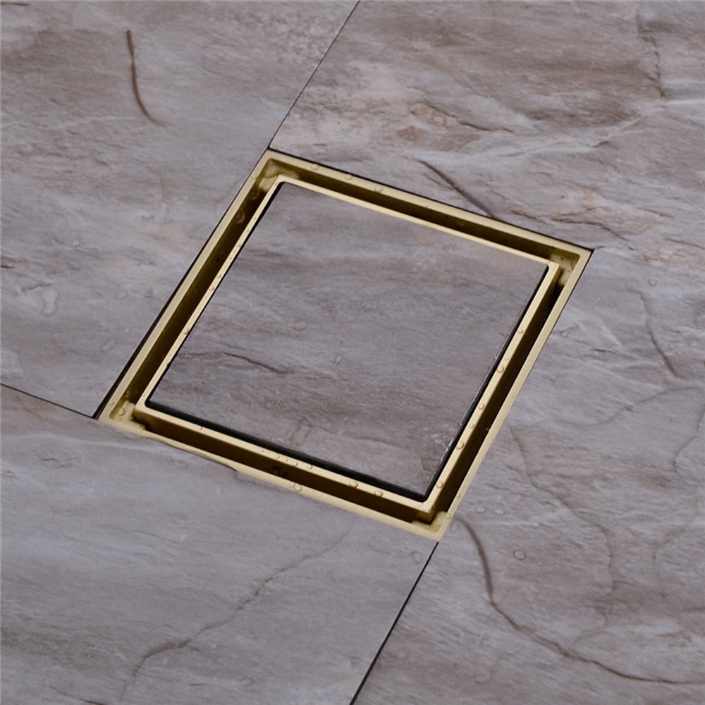 Reversible Tile-Insert Square Brass Shower Floor Drain, Shower Floor Drain with Hair Catcher Strainer, Chrome / Polished Gold / Brushed Gold / Matte Black