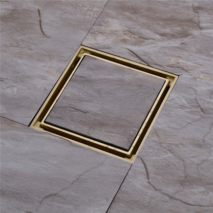Reversible Tile-Insert Square Brass Shower Floor Drain, Shower Floor Drain with Hair Catcher Strainer, Chrome / Polished Gold / Brushed Gold / Matte Black