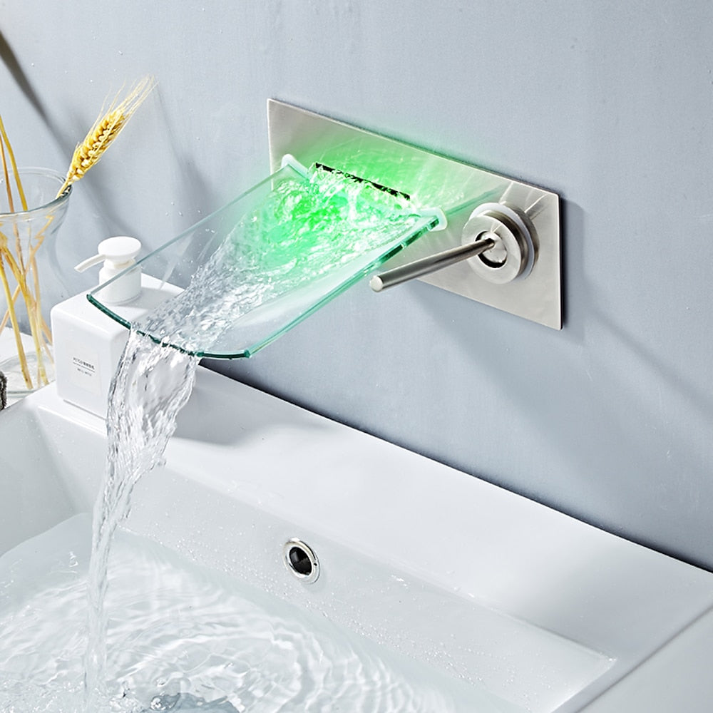 LED Waterfall Wall-Mount Faucet, Single-Handle Bathroom Basin Tap, Chrome / Brushed Nickel / Oil-Rubbed Bronze / Brushed Gold / Rose Gold