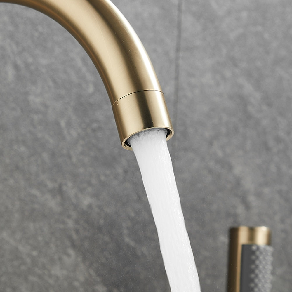 Contemporary 3-Handle Roman Tub Faucet, 5-Hole Brass Tub Filler with Handheld Shower