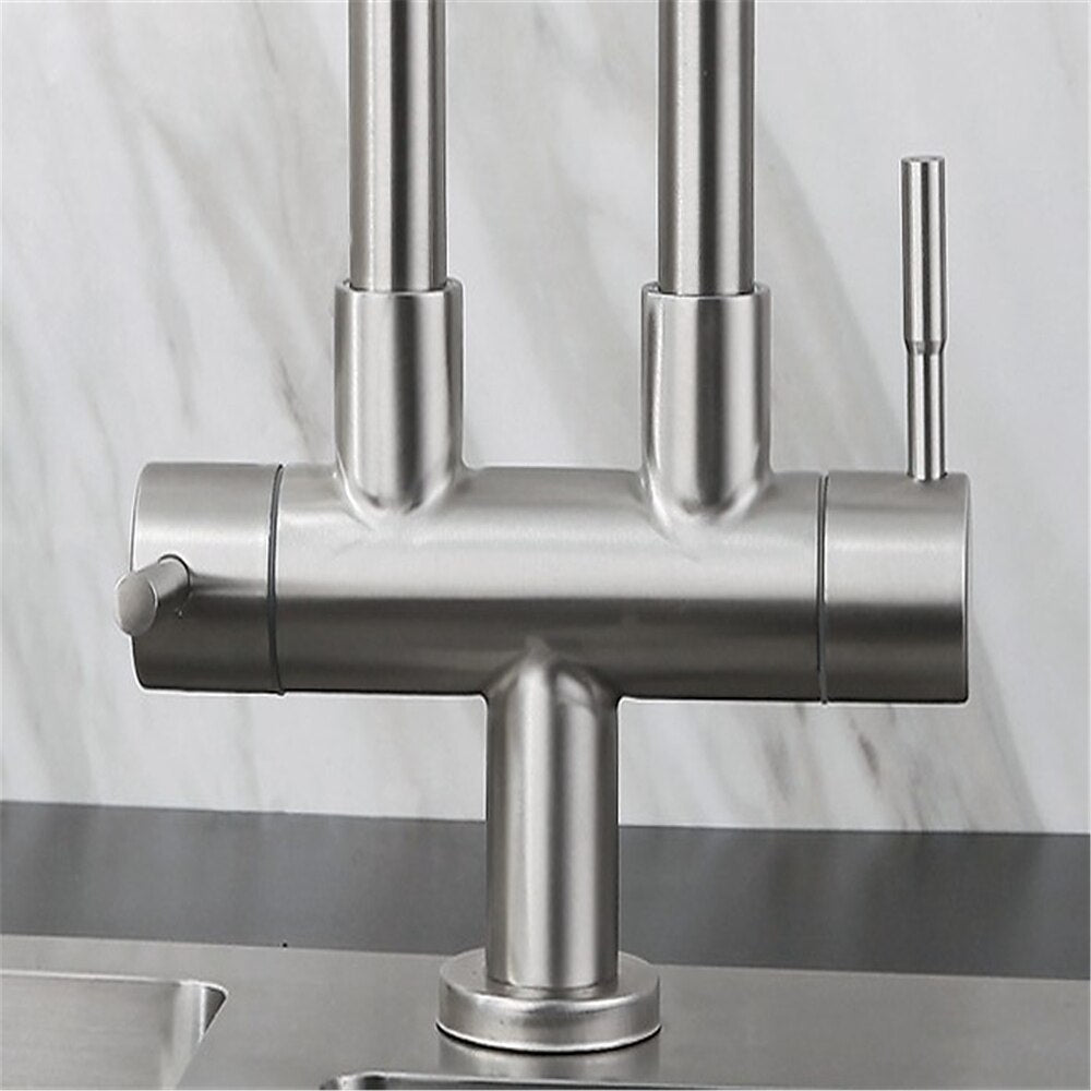 Stainless Steel Dual Spout Kitchen Faucet, Double-Handle Single-Hole Faucet