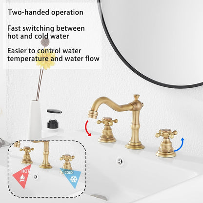 Traditional Brass Widespread Bathroom Faucet, Dual Cross Handle Vanity Faucet, Antique Brass / Brushed Nickel / Chrome / Oil-Rubbed Bronze / Matte Black