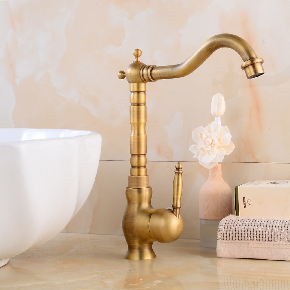 Retro Single-Hole Bathroom Vessel Sink Faucet, Single-Handle Brass Swivel Faucet, Antique Brass / Chrome / Polished Gold