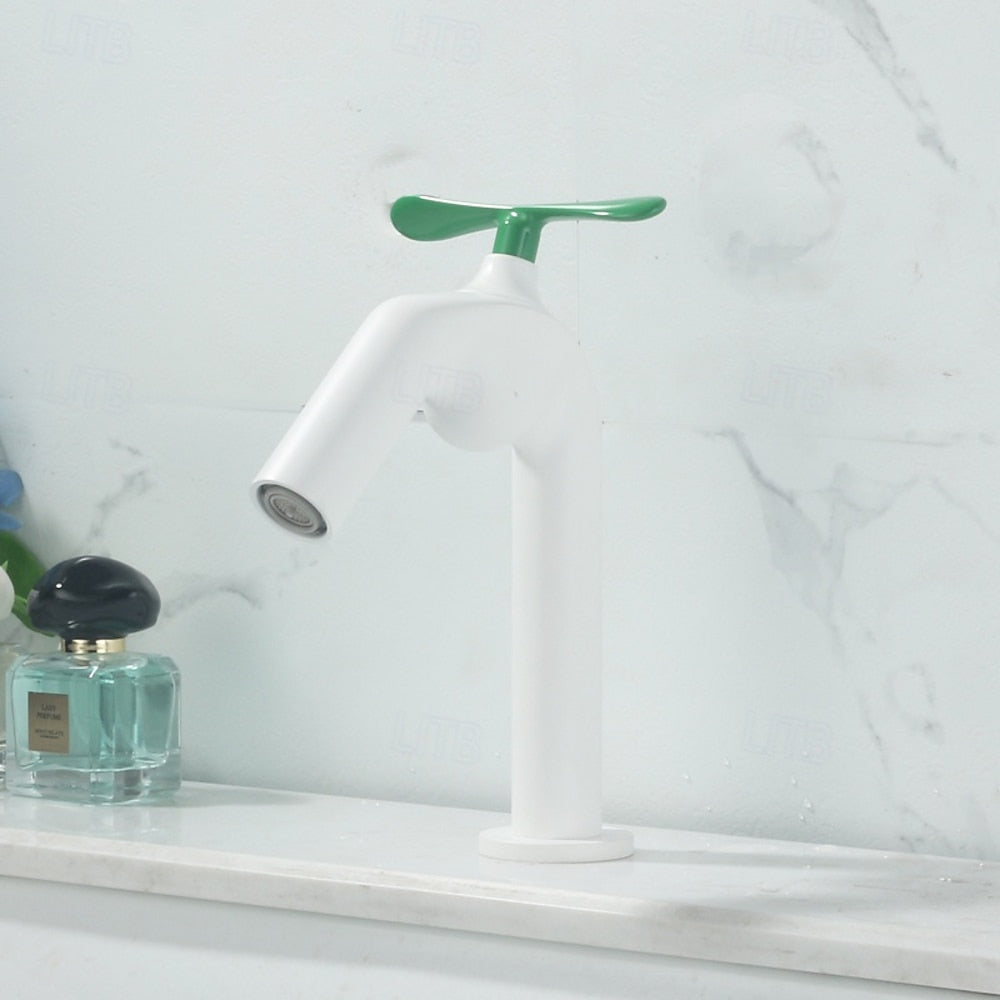 Modern Single-Hole Bathroom Faucet with Propeller Handle, Black / White / Burgundy / Orange Red