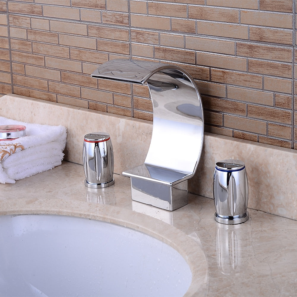 Waterfall Modern Bathroom Faucet, 3-Hole Widespread Dual-Handle Brass Faucet, Chrome / Matte Black / Brushed Nickel / Polished Gold