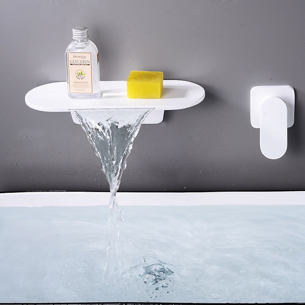 Waterfall Wall-Mount Bathroom Faucet, Single-Handle Brass Sink Faucet, Matte Black / Matte White