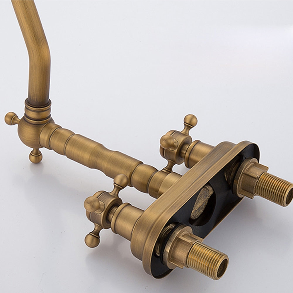 Antique Brass Swivel Spout Bathroom Faucet, Vintage Double-Handle Centerset Faucet