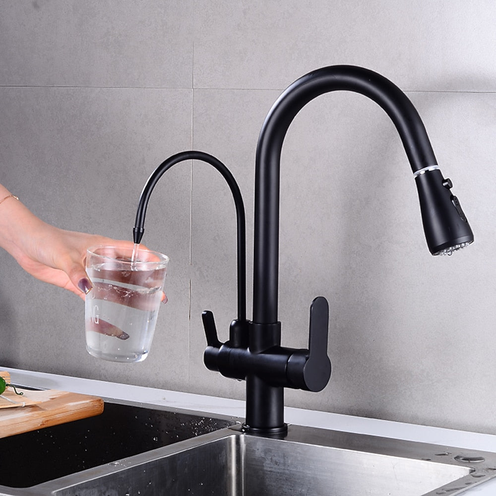 Modern 3-Way Pull-Down Kitchen Faucet, Dual-Handle Swivel Gooseneck Faucet, Gunmetal / Matte Black / Chrome / Matte White / Two-Tone / Antique Brass / Brushed Gold / Brushed Nickel