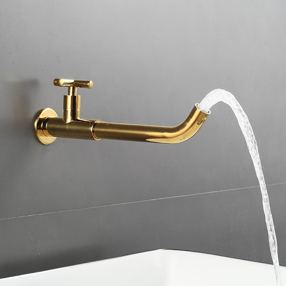 Wall-Mount Single-Hole Bathroom Faucet, Single Cross Handle Swivel Spout Faucet, Antique Brass / Matte Black / Chrome / Matte White / Polished Gold / Gunmetal