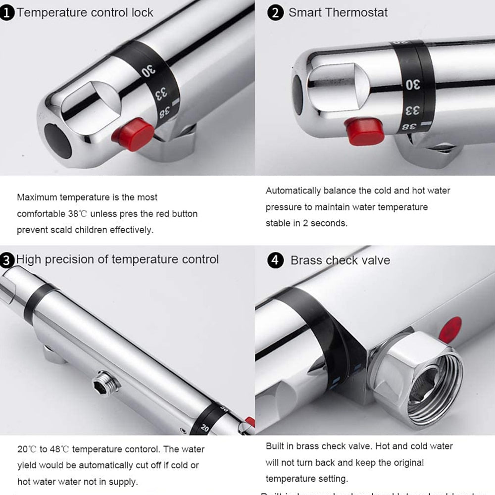 Chrome Wall-Mount Thermostatic Shower Valve, Dual-Knob Brass Mixer Bar with 38°C Safety Button