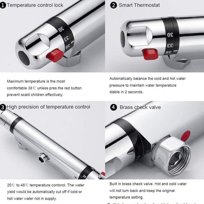Chrome Wall-Mount Thermostatic Shower Valve, Dual-Knob Brass Mixer Bar with 38°C Safety Button