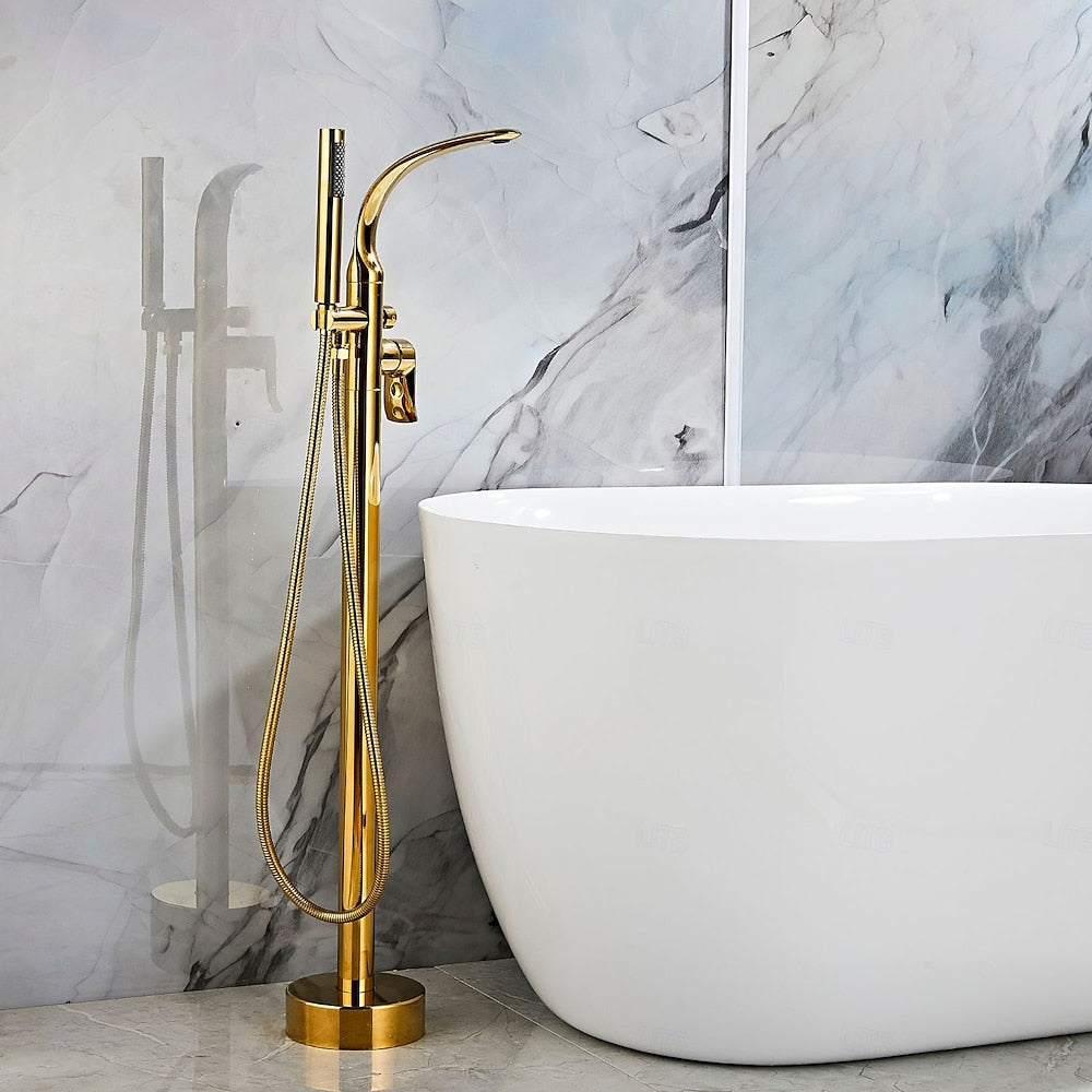 Brushed Gold Freestanding Tub Filler Faucet, Floor-Mounted Bathtub Faucet with Handheld Shower