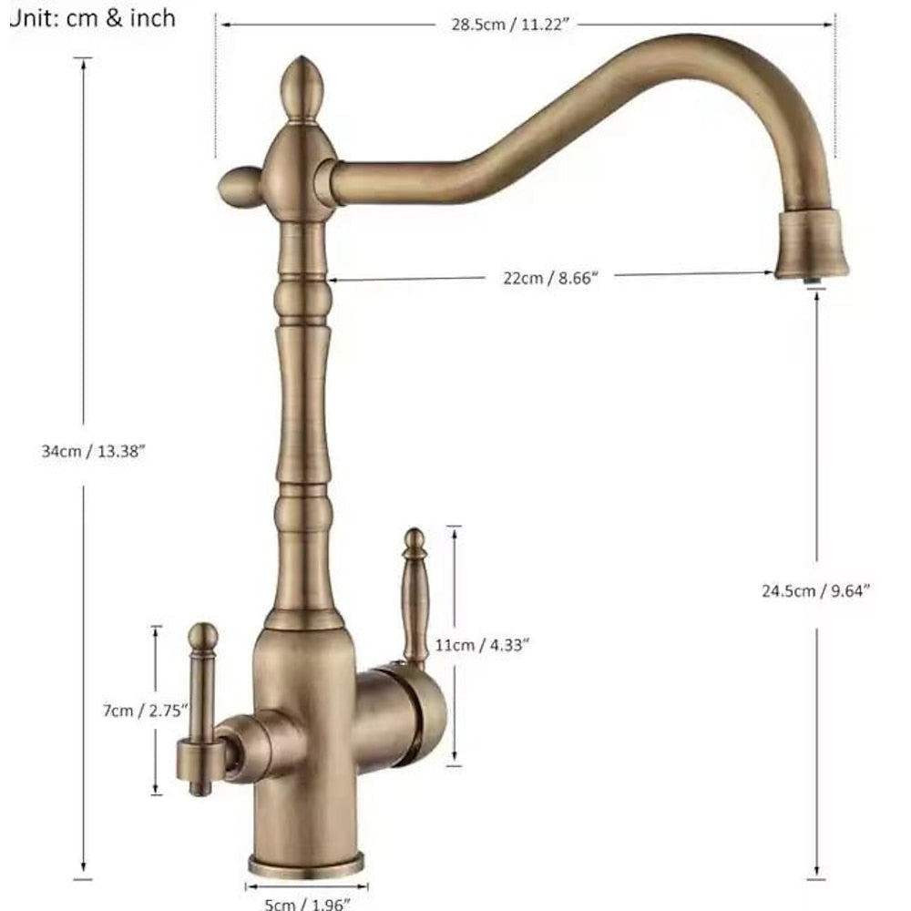 Traditional Brass 3-Way Purified Water Kitchen Faucet, Dual-Handle Swivel Spout Faucet, Antique Brass / Chrome / Matte Black / Polished Gold