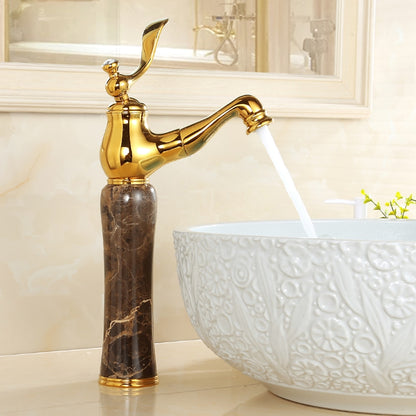 Vintage Traditional Single-Hole Bathroom Faucet, Single-Handle Brass Faucet with Marble Column Base, Gold / White / Multi