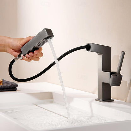 Modern Pull-Out Bathroom Faucet, Single-Handle Brass Sink Faucet, Chrome / Matte Black / Matte White / Gunmetal