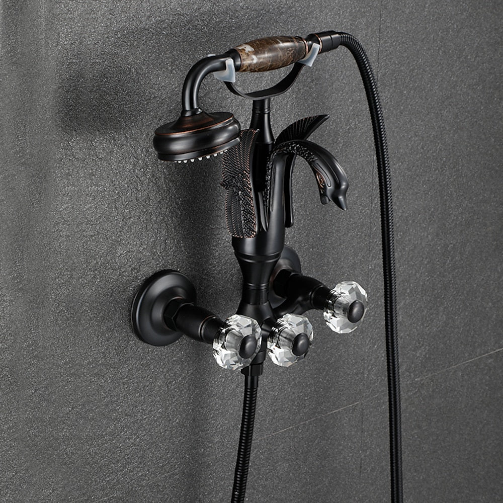 Swan Spout Wall-Mount Bathtub Faucet, Dual-Handle Tub Filler with Handheld Shower, Antique Brass / Matte Black / Chrome / Polished Gold