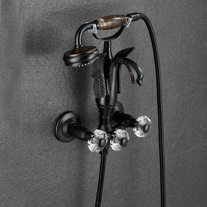 Swan Spout Wall-Mount Bathtub Faucet, Dual-Handle Tub Filler with Handheld Shower, Antique Brass / Matte Black / Chrome / Polished Gold
