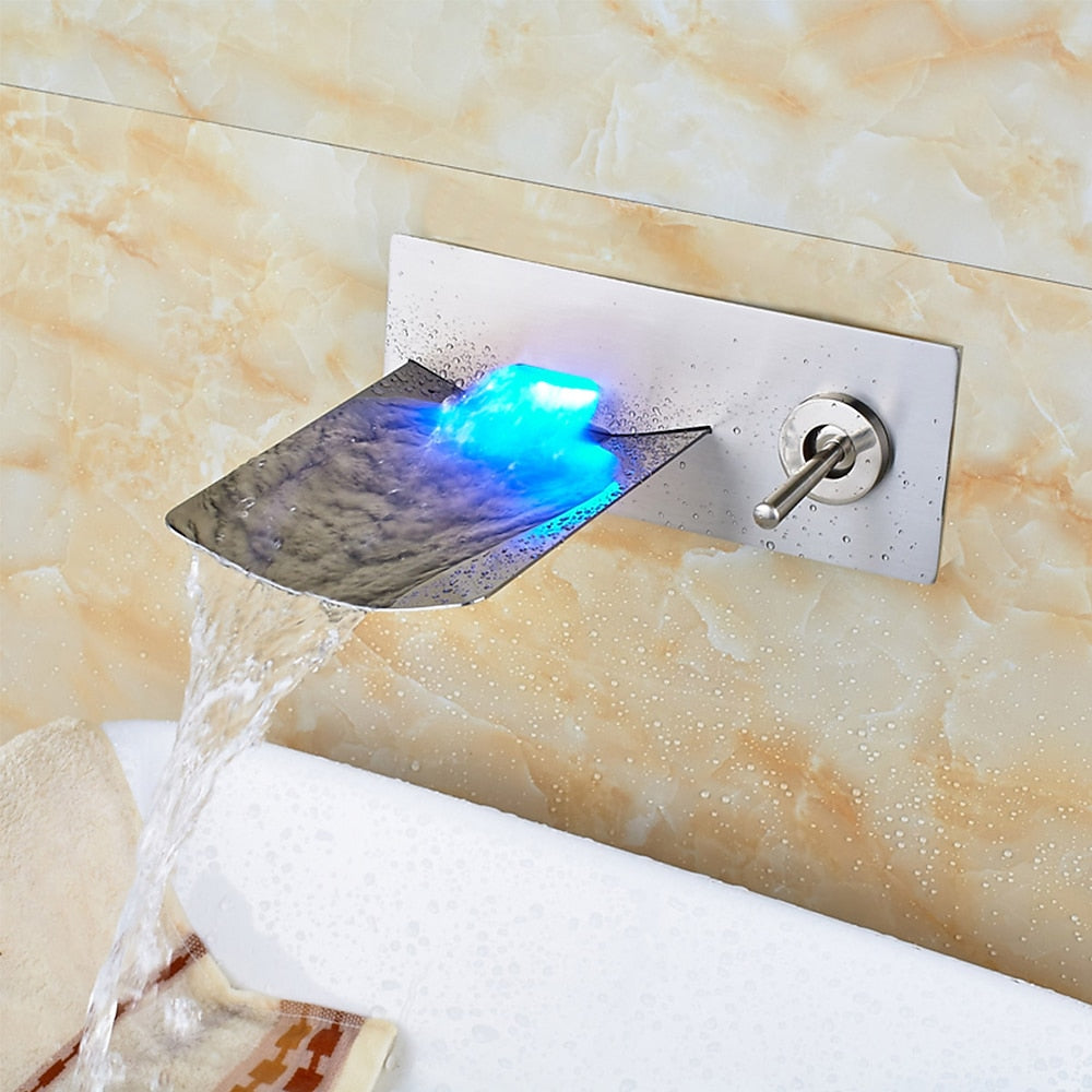 LED Waterfall Brushed Nickel Bathroom Sink Faucet, Modern Wall-Mount Single-Handle Faucet