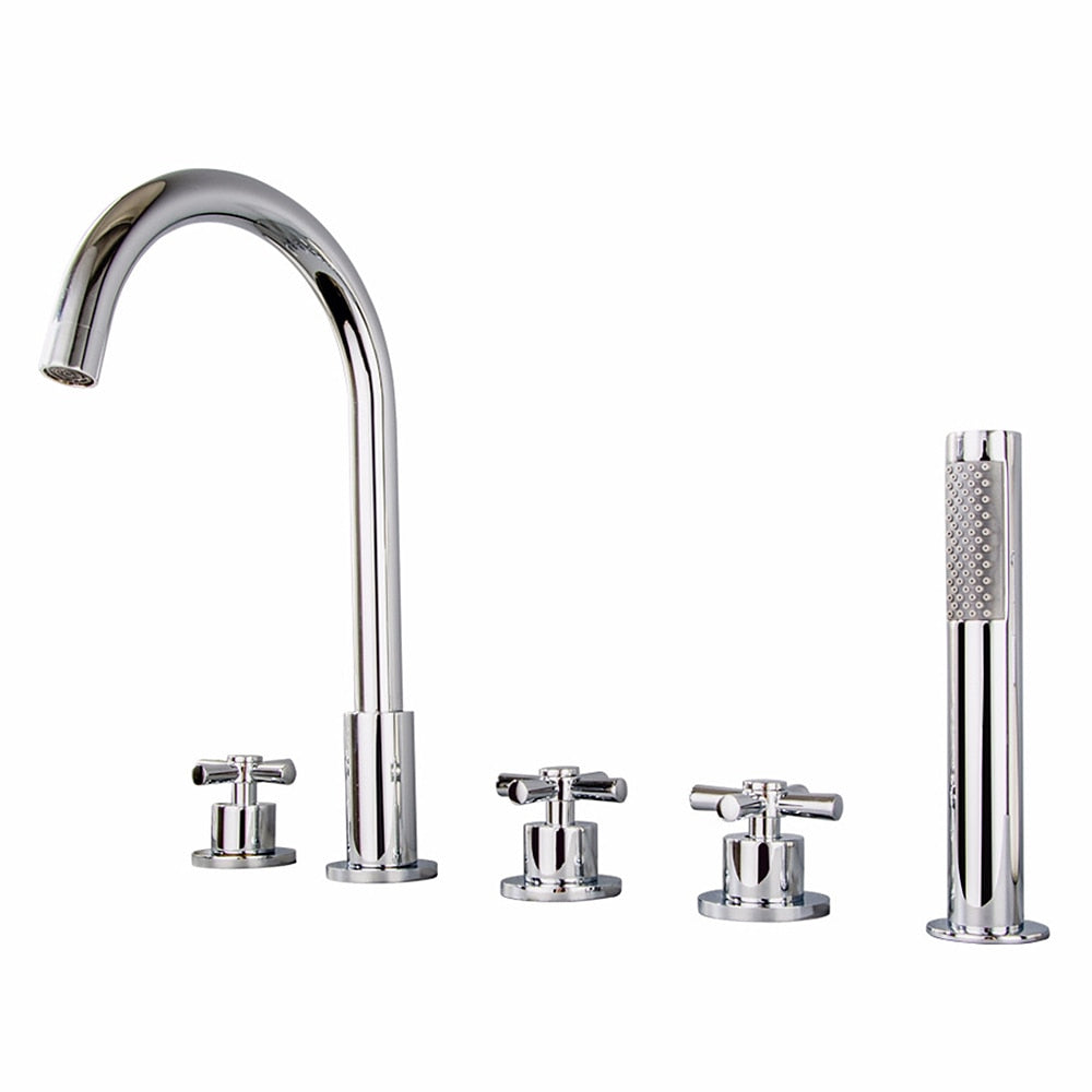 Chrome 5-Hole Deck-Mount Tub Filler Faucet, 3-Handle Brass Tub Faucet with Handheld Shower