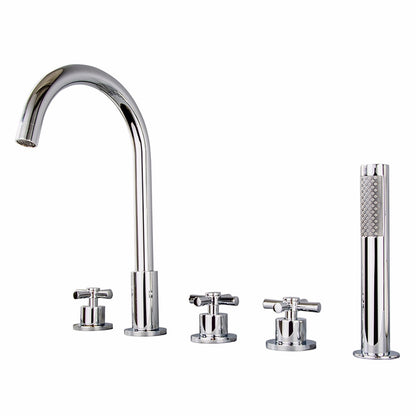Chrome 5-Hole Deck-Mount Tub Filler Faucet, 3-Handle Brass Tub Faucet with Handheld Shower