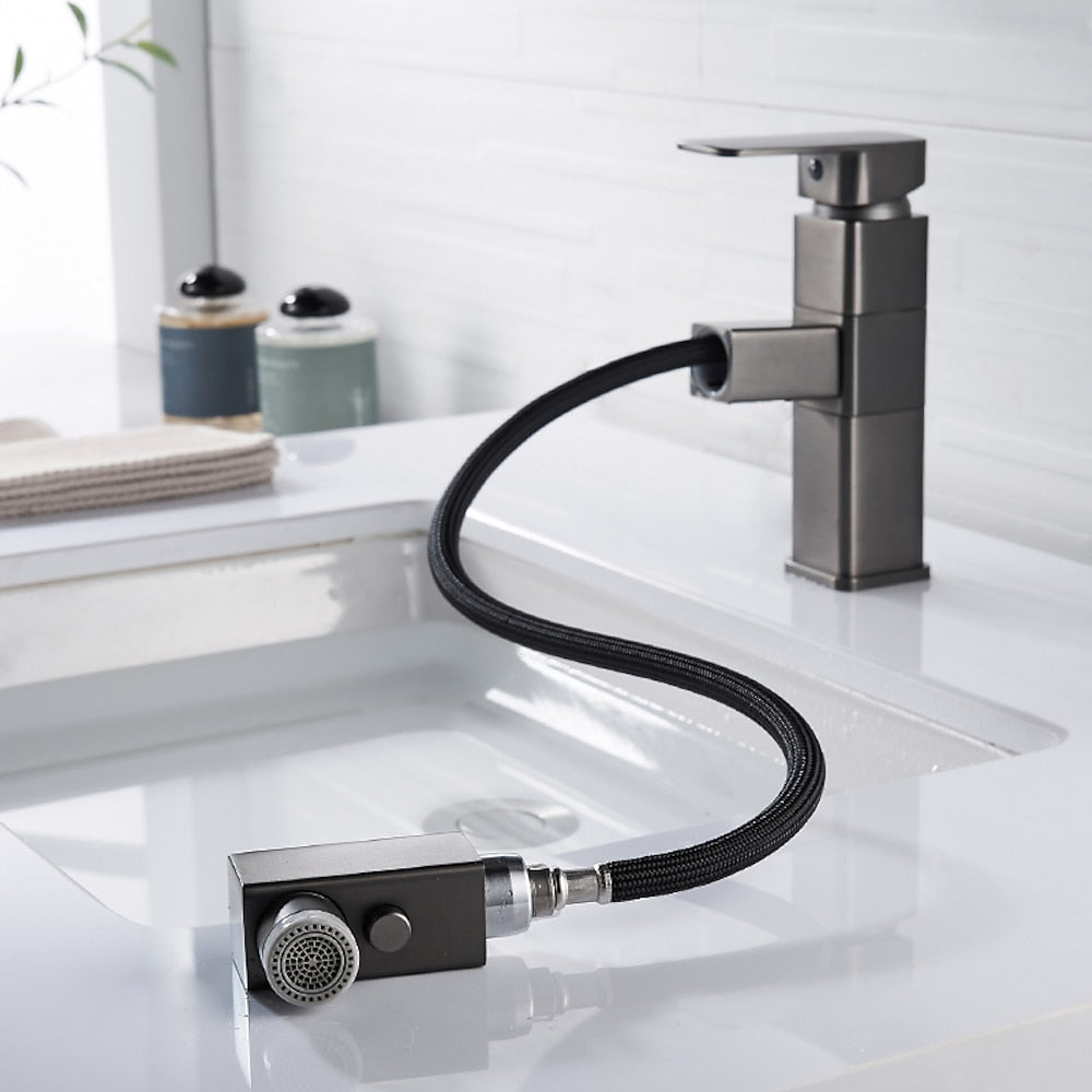 Modern Pull-Out Bathroom Faucet, Single-Hole Swivel Spout Faucet, Matte Black / Chrome / Brushed Nickel / Gunmetal / Matte White