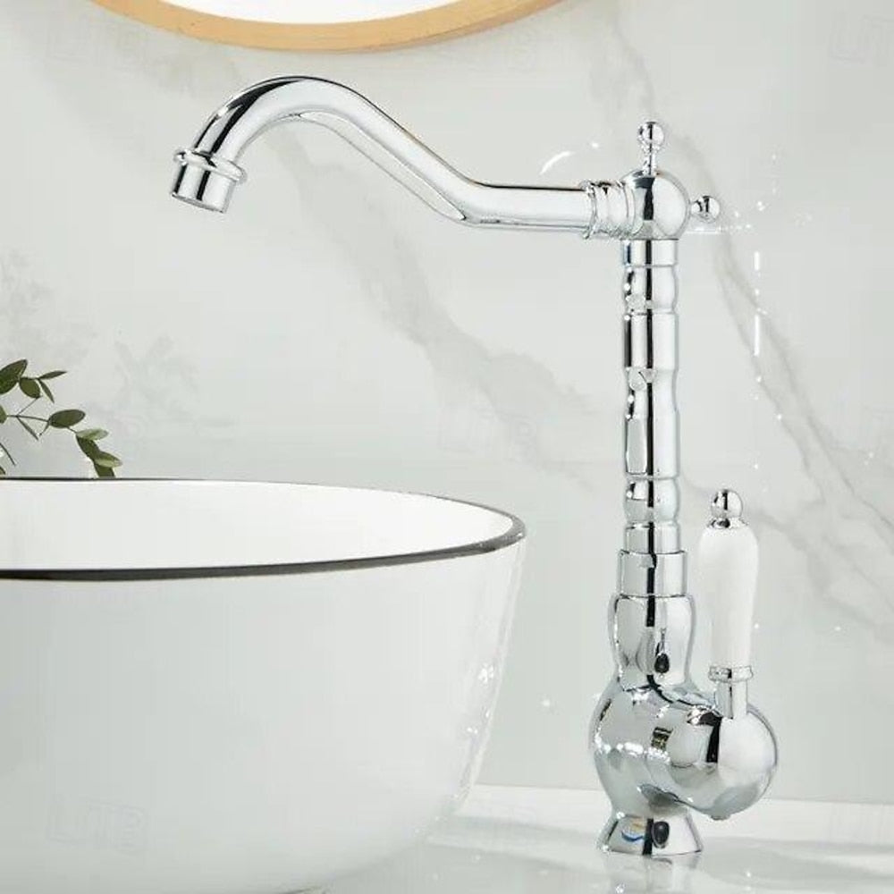 Vintage Tall Vessel Sink Faucet, Traditional Single-Handle Bathroom Faucet with High Arc Swivel Spout, Gold / Chrome / Antique Brass