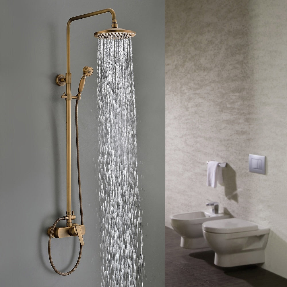 Traditional Antique Brass Wall-Mount Shower System, Single-Handle Exposed Pipe Faucet with 8-Inch Rainfall Shower Head, Handheld Sprayer