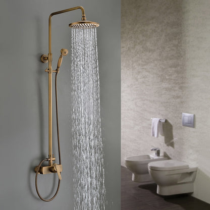 Traditional Antique Brass Wall-Mount Shower System, Single-Handle Exposed Pipe Faucet with 8-Inch Rainfall Shower Head, Handheld Sprayer