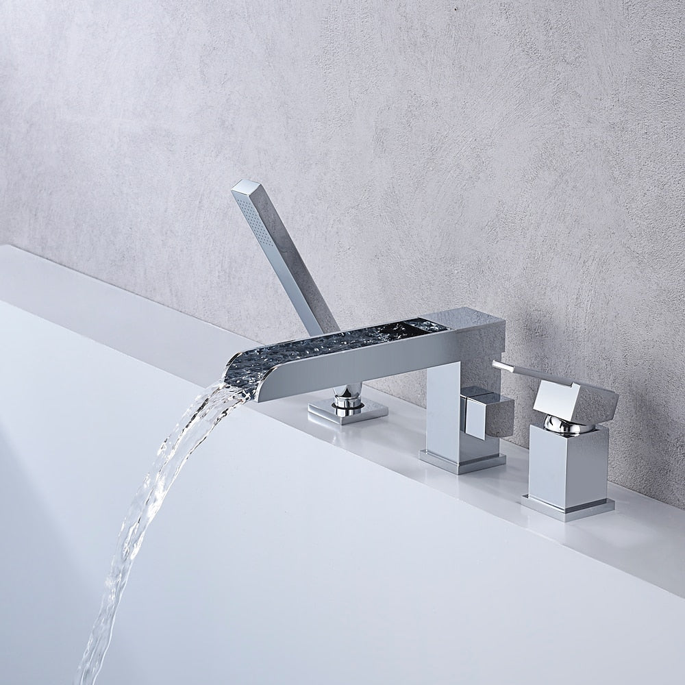 Waterfall Roman Tub Faucet, Single-Handle 3-Hole Tub Faucet with Handheld Shower, Brushed Gold / Matte Black / Chrome