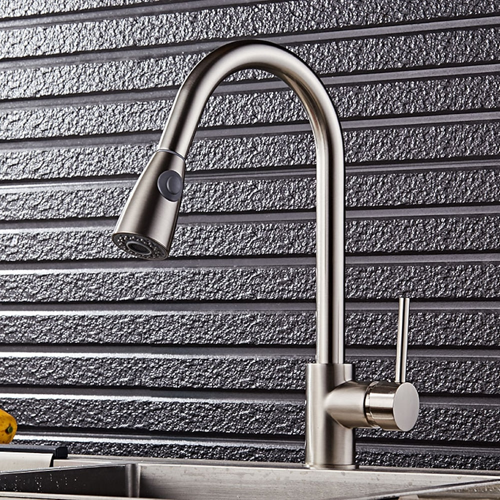 Pull-Down Brushed Nickel Kitchen Faucet, Single-Handle High Arc Faucet