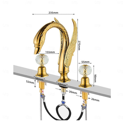 Polished Gold Swan Widespread Bathroom Faucet, Traditional Dual-Handle Basin Faucet with Crystal Knob Handles