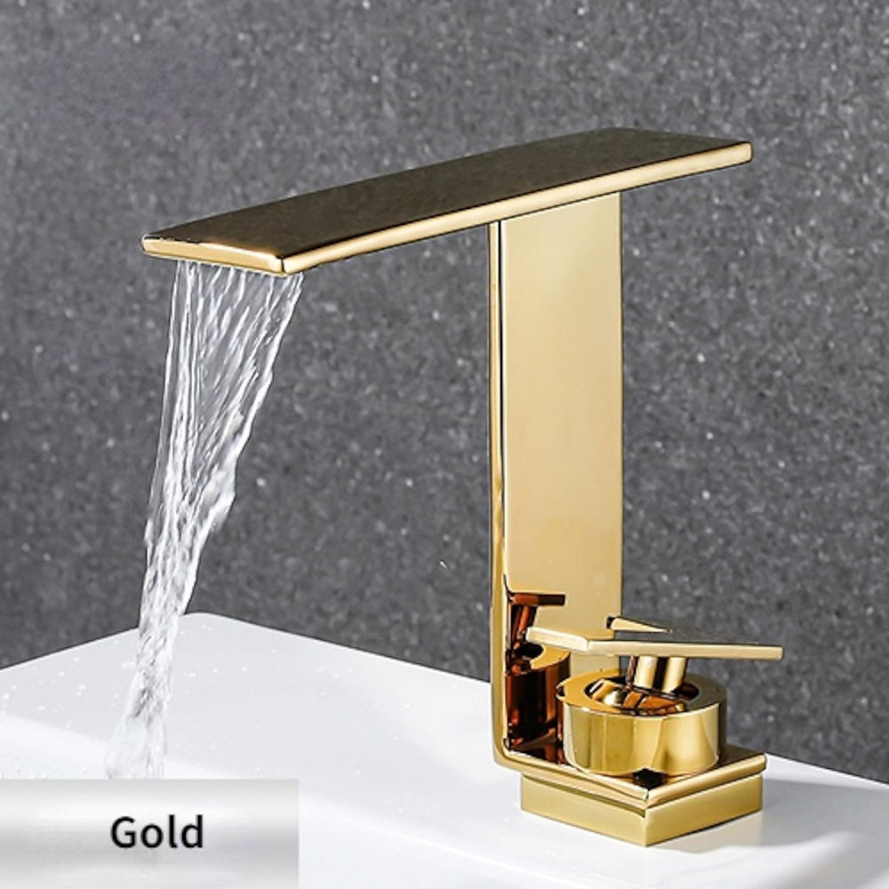 Modern Waterfall Bathroom Faucet, Single-Handle Brass Faucet, Chrome / Matte Black / Gunmetal / Brushed Gold