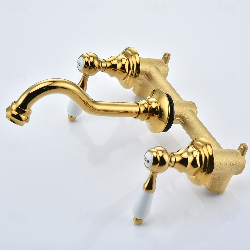 Vintage Wall-Mount Bathroom Faucet, 3-Hole Widespread Dual-Handle Faucet, Polished Gold / Chrome