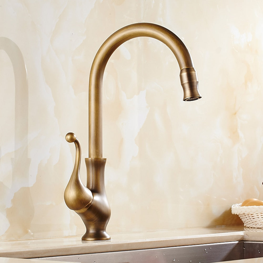 Antique Brass Traditional High Arc Kitchen Faucet, Single-Handle Single-Hole Brass Faucet with Swivel Spout