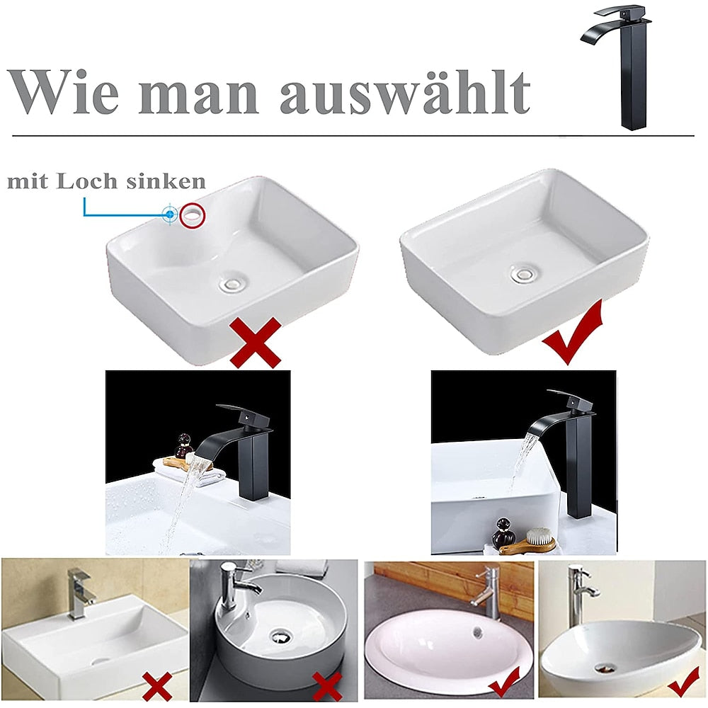 Waterfall Single-Hole Bathroom Faucet, Modern Single-Handle Vessel Sink Faucet, Matte Black / Polished Gold