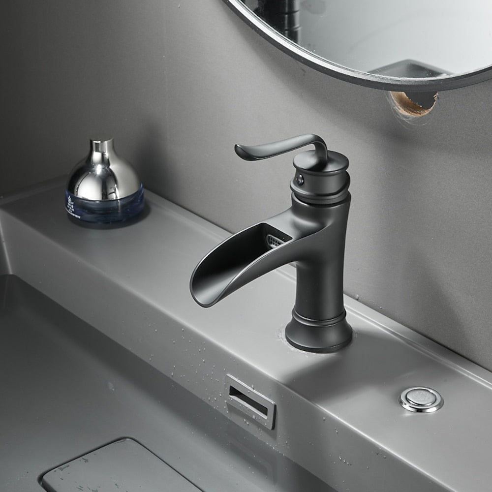 Waterfall Bathroom Faucet, Modern Single-Handle Brass Basin Faucet, Brushed Nickel / Matte Black