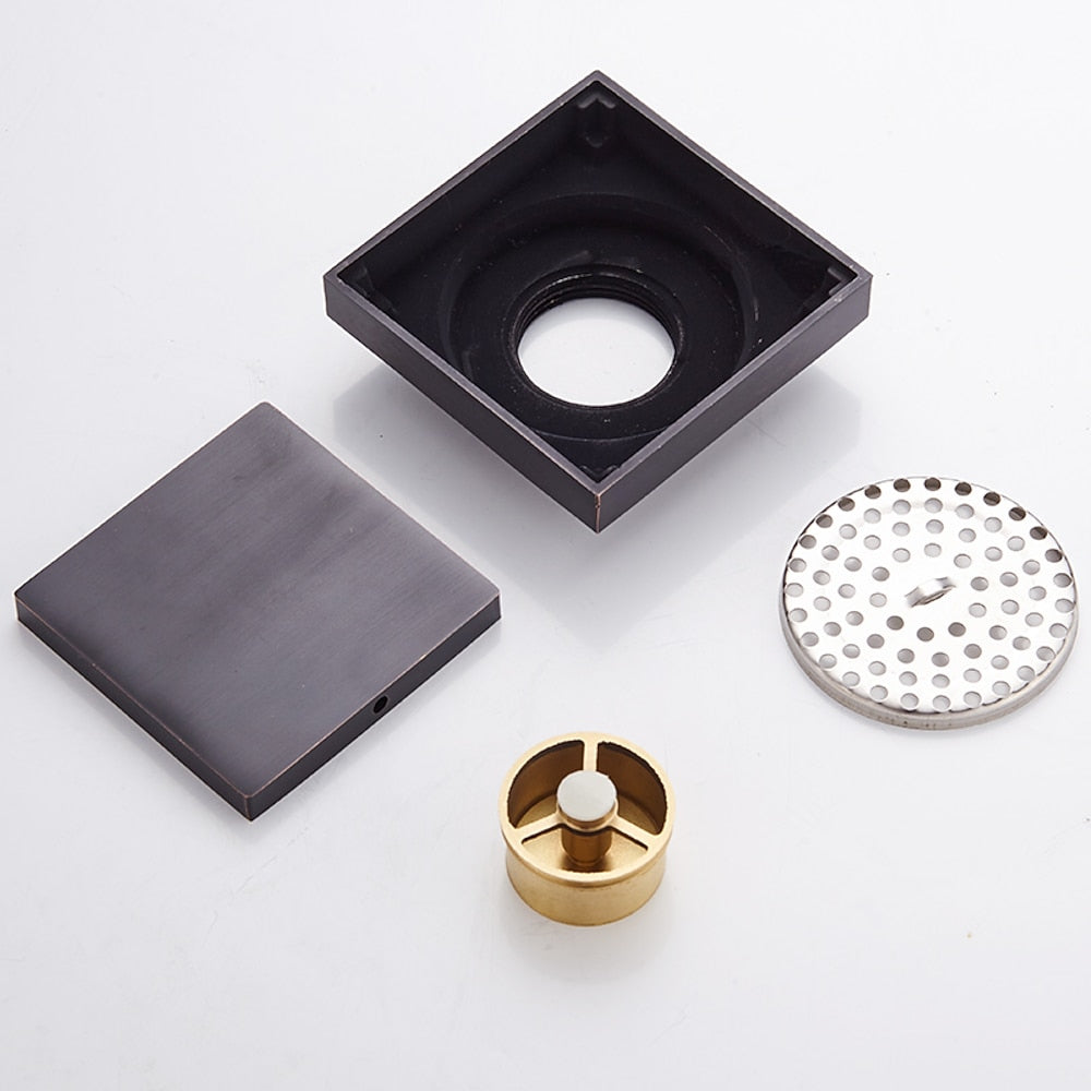 Oil-Rubbed Bronze Square Shower Floor Drain, Modern Solid Brass Floor Drain with Removable Cover / Hair Strainer