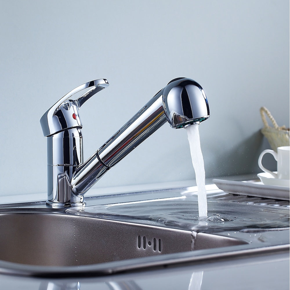 Chrome Pull-Out Kitchen Faucet, Single-Handle Single-Hole Brass Faucet