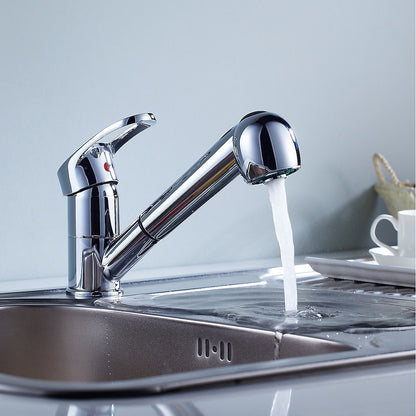 Chrome Pull-Out Kitchen Faucet, Single-Handle Single-Hole Brass Faucet